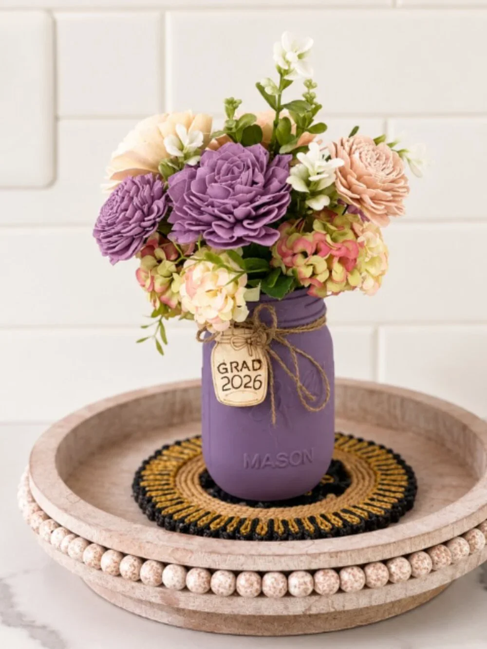 Purple Sola Wood Floral Arrangement in Mason Jar Home Decor Graduation Gift